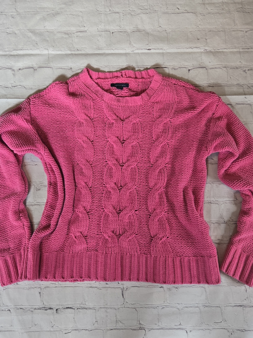 American Eagle Barbie Pink Chenille Cozy Cable Sweater Size S GirlCore CabinCore